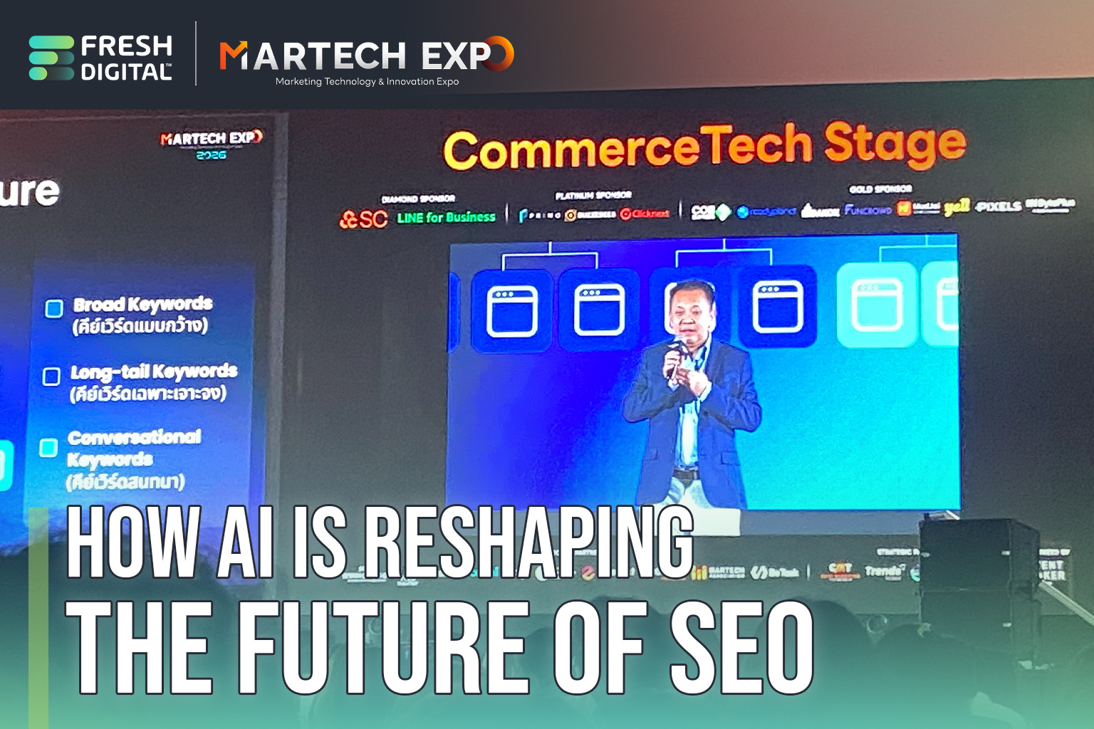 The speaker is sharing AI SEO trends at MarTech Expo 2026
